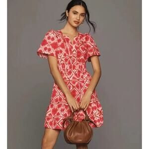 Anthropologie The Somerset Mini Dress in Pink Smocked Poplin Cotton Size Small